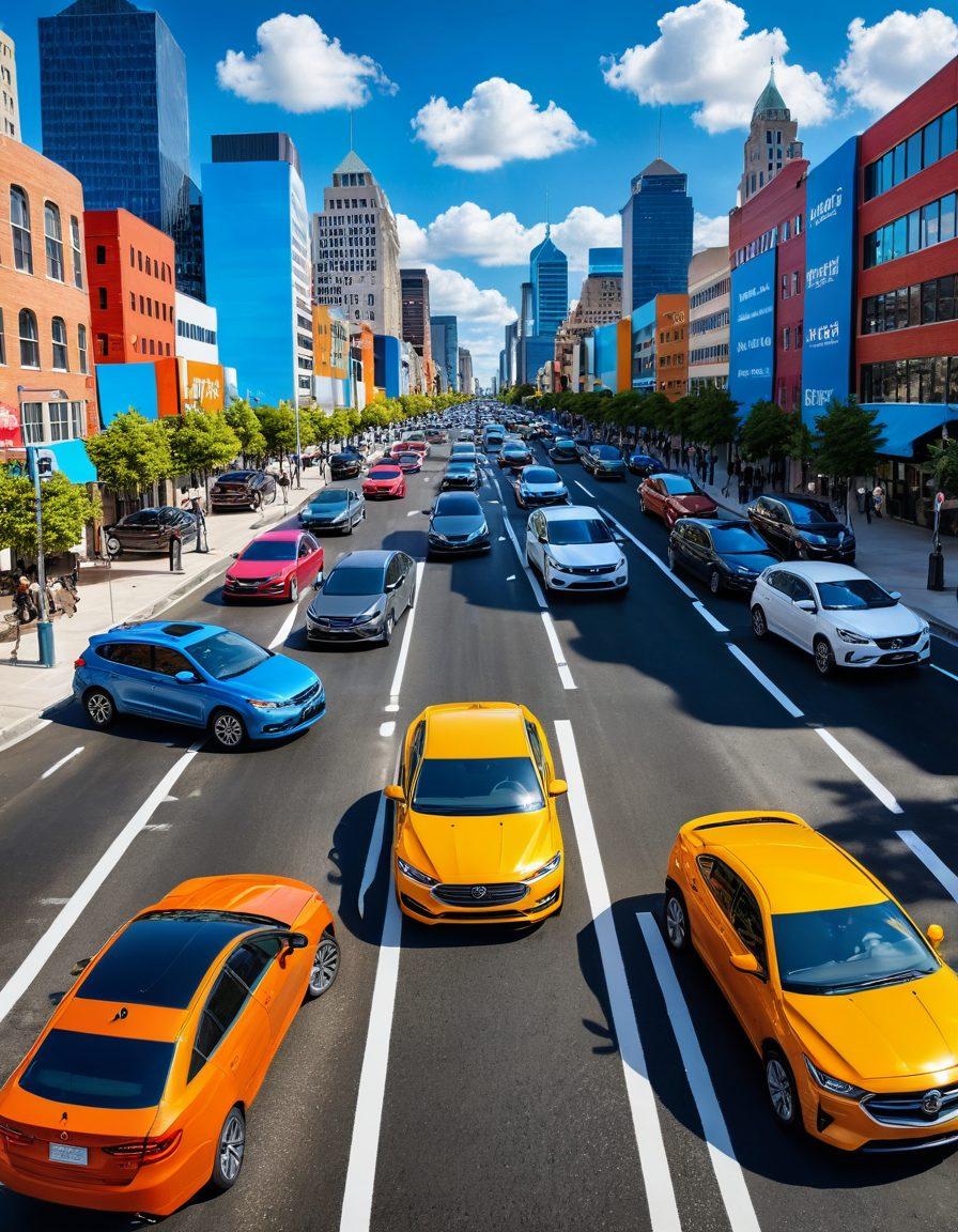 A dynamic road scene featuring a variety of cars navigating through a vibrant city with street signs highlighting different types of auto coverage. In the foreground, a friendly insurance agent is pointing to a digital tablet displaying essential insights and tips. The background shows a clear sky with clouds and a colorful cityscape symbolizing diverse driving environments. Brightly colored graphics of insurance icons float around, adding a sense of information and guidance. super-realistic. vibrant colors. 3D.