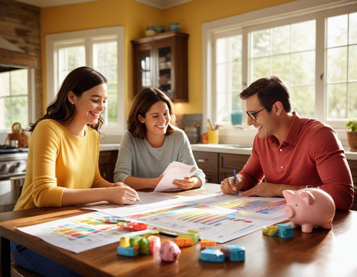 A dynamic scene showcasing a happy family examining car insurance documents at a cozy kitchen table, surrounded by colorful charts and piggy banks to symbolize savings. Include a window view with a sunny day outside, and a cheerful atmosphere that conveys comfort and financial security. Use a mix of bright colors and a touch of modern design. super-realistic. vibrant colors. cozy atmosphere.