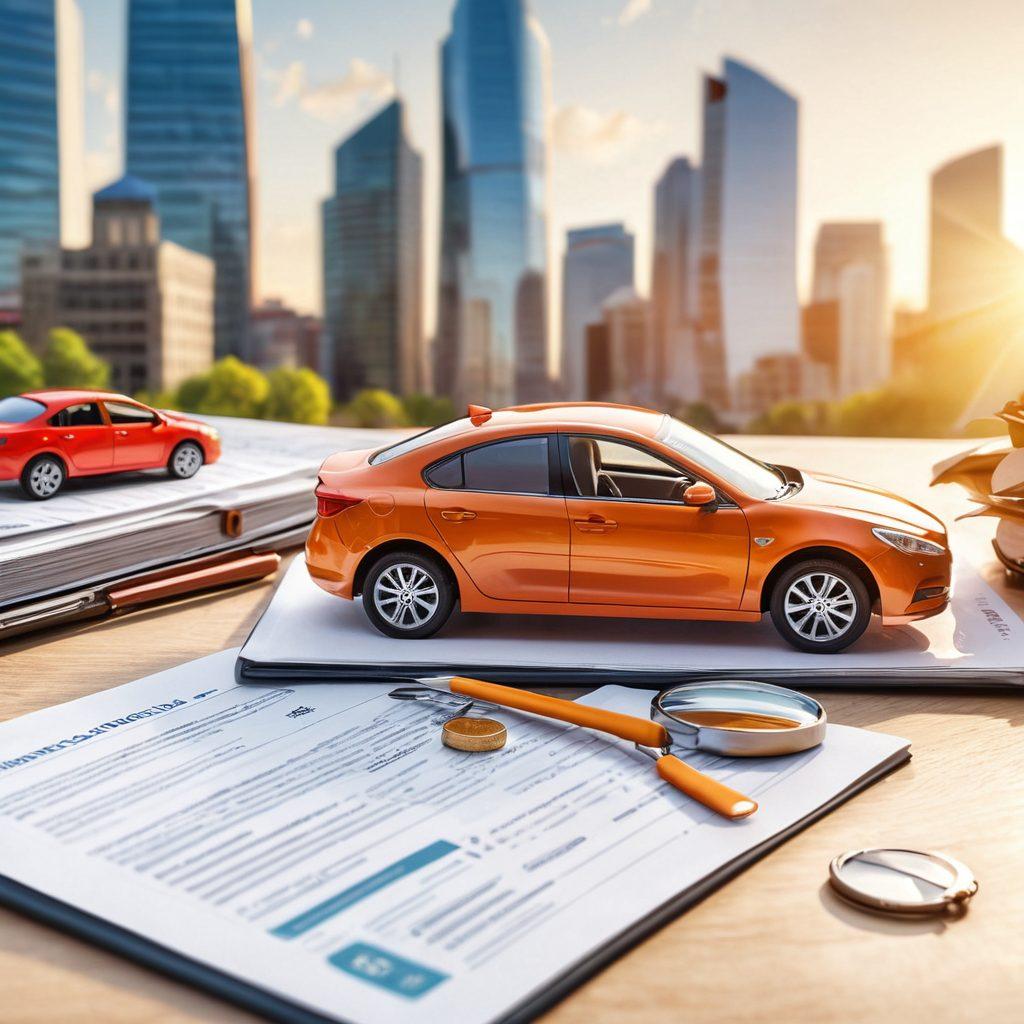 A friendly and informative scene depicting a person holding a magnifying glass while examining a car insurance policy under bright sunlight, surrounded by floating icons of cars, coins, and shields representing coverage and savings. In the background, a bustling cityscape can be seen, emphasizing the importance of affordable options in an urban environment. super-realistic. vibrant colors. white background.